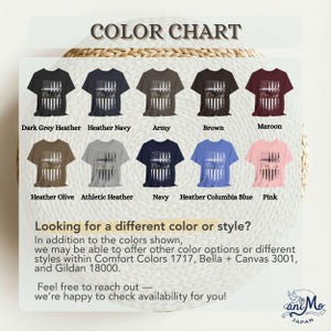 May include: A color chart displaying ten t-shirt options in Dark Grey Heather, Heather Navy, Army, Brown, Maroon, Heather Olive, Athletic Heather, Navy, Heather Columbia Blue, and Pink, each featuring a distressed American flag graphic.
