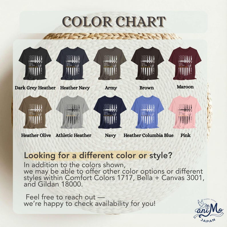 May include: A color chart displaying ten t-shirt options in Dark Grey Heather, Heather Navy, Army, Brown, Maroon, Heather Olive, Athletic Heather, Navy, Heather Columbia Blue, and Pink, each featuring a distressed American flag graphic.