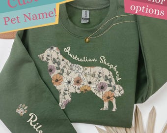 Custom Australian Shepherd Sweatshirt, Floral Aussie Sleeve Crewneck