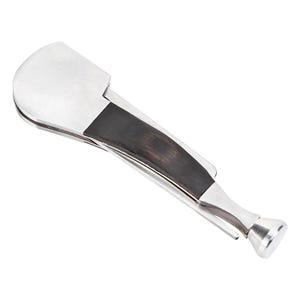 May include: A multi-tool pipe accessory featuring a brushed silver metal finish with a dark brown wooden inlay on the handle. The tool includes a flat, rounded scraper blade at one end and a small, cylindrical tamper at the opposite end.