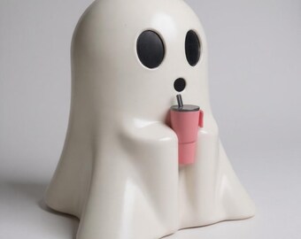 3D Printed Halloween Ghost Decor | White Ghost with Pink Coozie