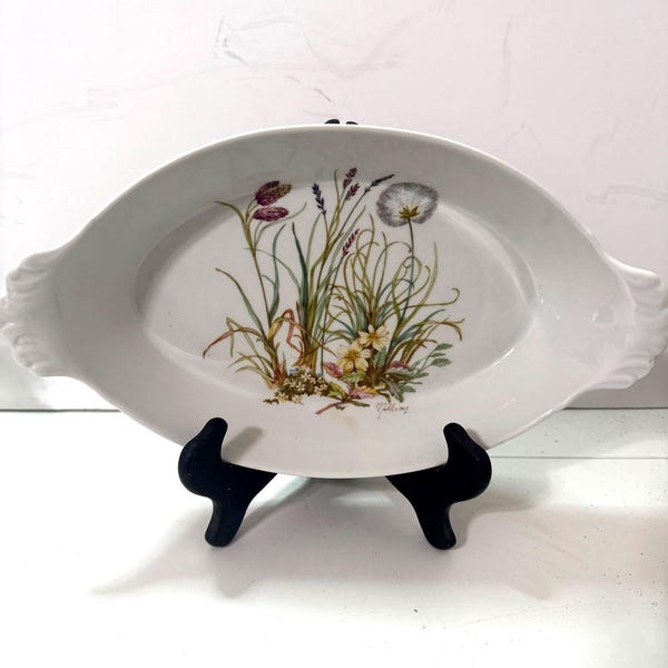 Vintage Pillivuyt France Porcelain Platter: Hand-Painted Wildflower Oval Dish