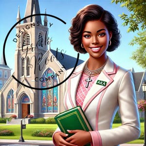 May include: A woman wearing a white blazer with pink accents and a pink blouse. She is holding a green book and has a cross necklace and an AKA pin on. She is standing in front of a church.