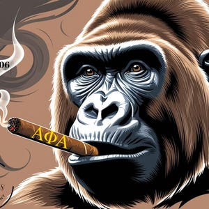 May include: A brown gorilla with a cigar in its mouth. The cigar has the letters "AFA" printed on it. The gorilla is surrounded by smoke and the text "Designs by Greek Roots Company" and "Brotherhood Smoke" are visible.