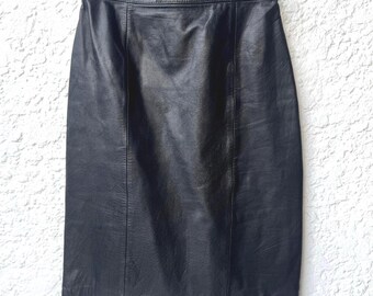 Vintage Black Leather Skirt Classic 80’s Punk Rocker Grunge Snap Slit Made in Korea