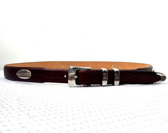Vintage Leather Belt Brown Silver & Gold Hardware Removable buckle Concha Inlay