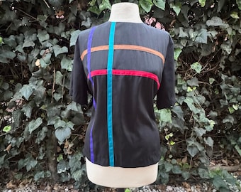 Vintage SG Sport Black Top Colorful Geometric Stripes  Made in USA 90s Y2K