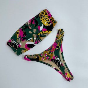 Strapless Two Piece Thong Bikini Jungle Print