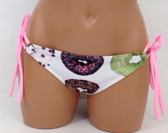 Women's Bikini Bottom Donut Print Scrunch Butt With Pink Adjustable Ties