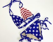 Women 39 s American flag bikini, cheeky scrunch butt USA bathing suit
