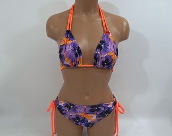 Women's purple & neon orange floral Print Bikini