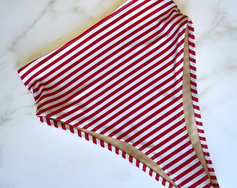 Women’s Red & White Striped High Waist cheeky Swimsuit Bottom