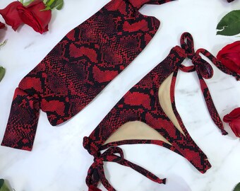 Sleeve Thong Bikini Red Skin Swimsuit