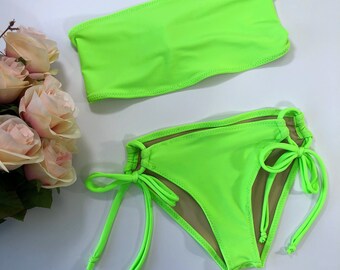 Women’s Neon Green Swimsuit Bandeau Bikini Two piece