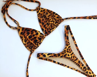 Women's High Leg Thong Leopard Bathing Suit