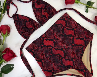 High Waist Bathing Suit Red Snake Print