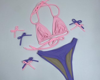 Girly Lavender & Pink high cut thong bikini swimsuit