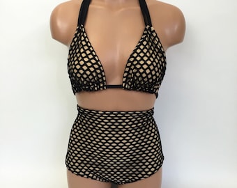 Women's High Waist Bathing Suit Black Mesh