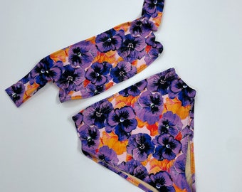 High Waist Cheeky Swimsuit with Sleeves Purple & Neon Orange floral Print