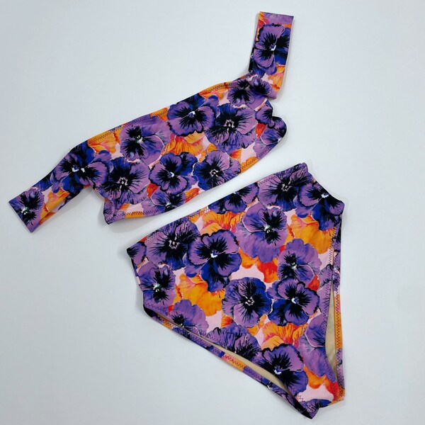 High Waist Cheeky Swimsuit with Sleeves Purple & Neon Orange floral Print