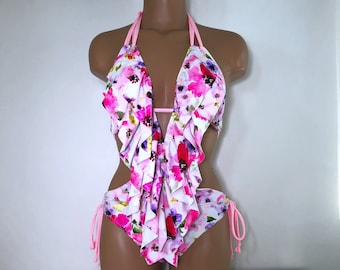 Women's Princess Core Floral One Piece Ruffle Swimsuit Low Cut