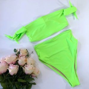 Women&#39;s Neon Green High Waist Swimsuit with Sleeves