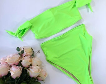 Women's Neon Green High Waist Swimsuit with Sleeves