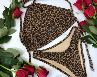 Women's Leopard halter bikini, high leg bathing suit, cheeky animal print swimsuit