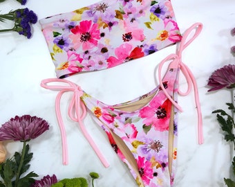 Women's Princess Core Pink Floral High Leg Tie String Bikini