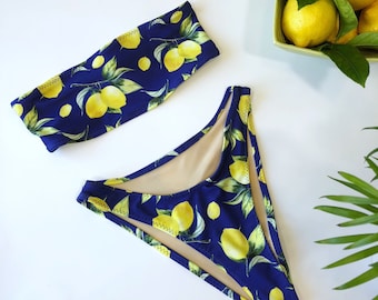 Women's Lemon Print Bikini High Leg 90's Style Swimsuit