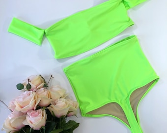 Women’s Neon Green high waist Thong Swimsuit