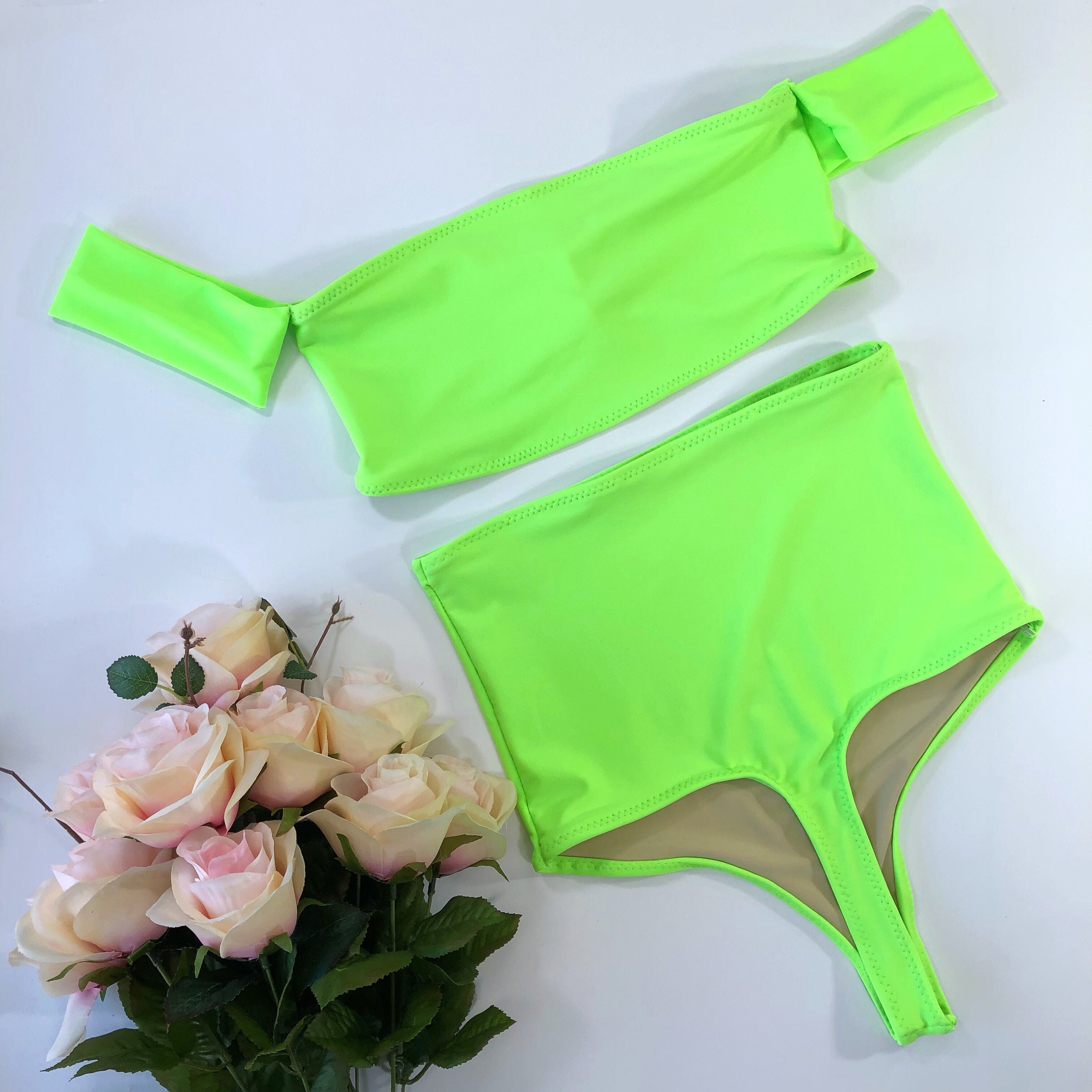 Womens Neon Green High Waist Thong Swimsuit Etsy Canada