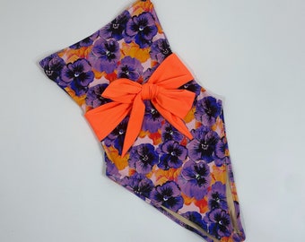 Women's One Piece purple & neon orange floral Swimsuit with wrap