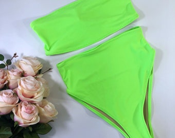 Womens Lime Neon Green High Waist Cheeky Bathing Suit