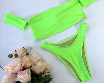 Women's Neon Green Cheeky High Leg Bikini with Sleeves