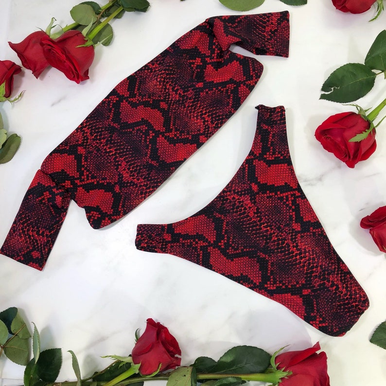 Sleeve red snake skin bikini