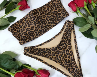 Conjunto de bikini de pierna alta con estampado de leopardo para mujer