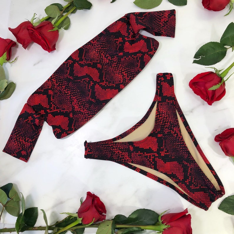 Sleeve red snake skin bikini