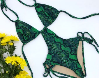 Women's One Piece Swimsuit Green Snake Print bikini