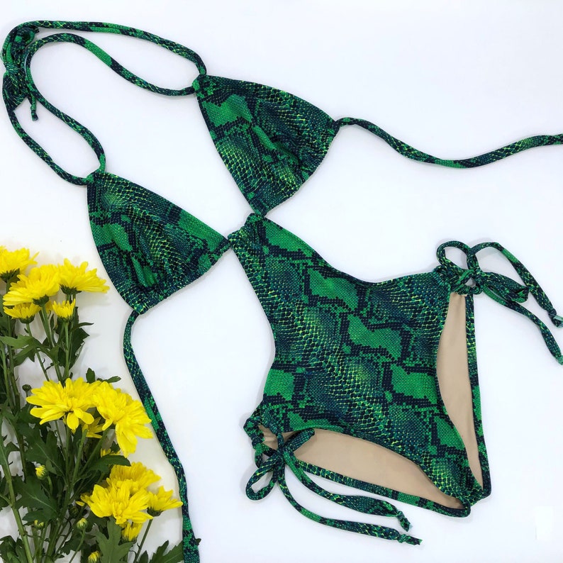 Women's One Piece Swimsuit Green Snake Print bikini image 1