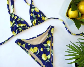 Women's Lemon Print High Leg Bikini 90's Style Bathing Suit