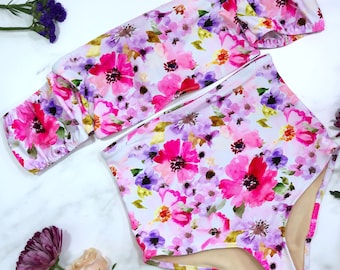 Princess Core Floral Puff Sleeve High Waist Swimsuit