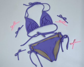 Conjunto de bikini de tiras con lazo lavanda para mujer