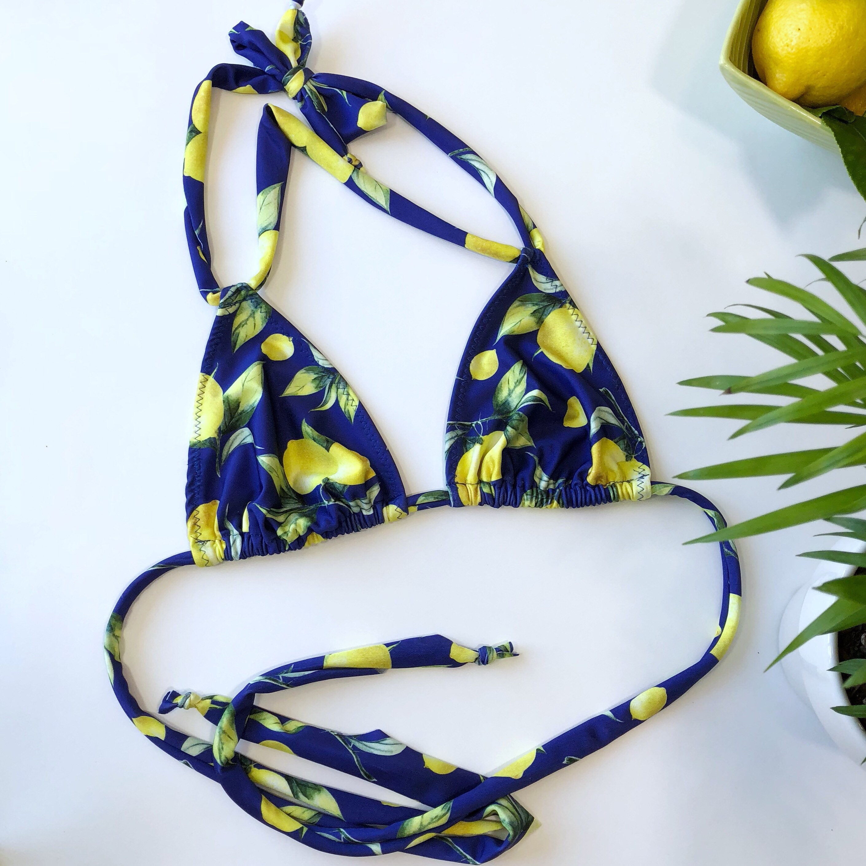 Yellow Bra Bikini With Plant Print And Laced Back - Lemon Flower