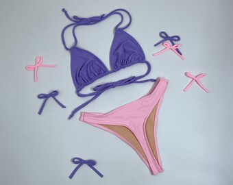 Girly Lavender & Pink high cut thong bikini swimsuit