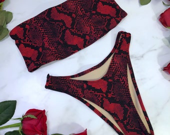 Women's Red Snake High Leg 90s Bikini