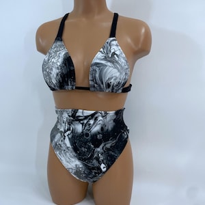 Women&#39;s black & white tie dye High Waist high cut cheeky Swimsuit