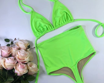 Lime Green High Waist Thong Bikini Bathing Suit