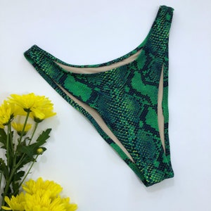 Women’s High Leg Cheeky Bikini Bottom Green Python