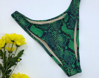 Women’s High Leg Cheeky Bikini Bottom Green Python